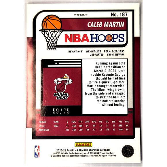 2023-24 NBA Hoops Premium Stock CALEB MARTIN #187 Blue Pulsar Prizm 59/75 - Picture 2 of 2
